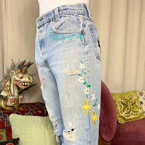 80s Levi’s 501’s Thrashed/Embellished - Picture 10 of 14